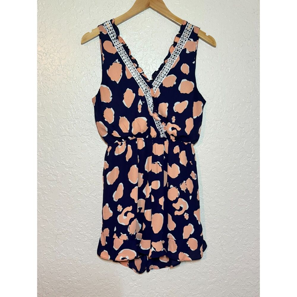 Available by Angela Fashion Navy Coral Print Tie Back Romper Size Medium M